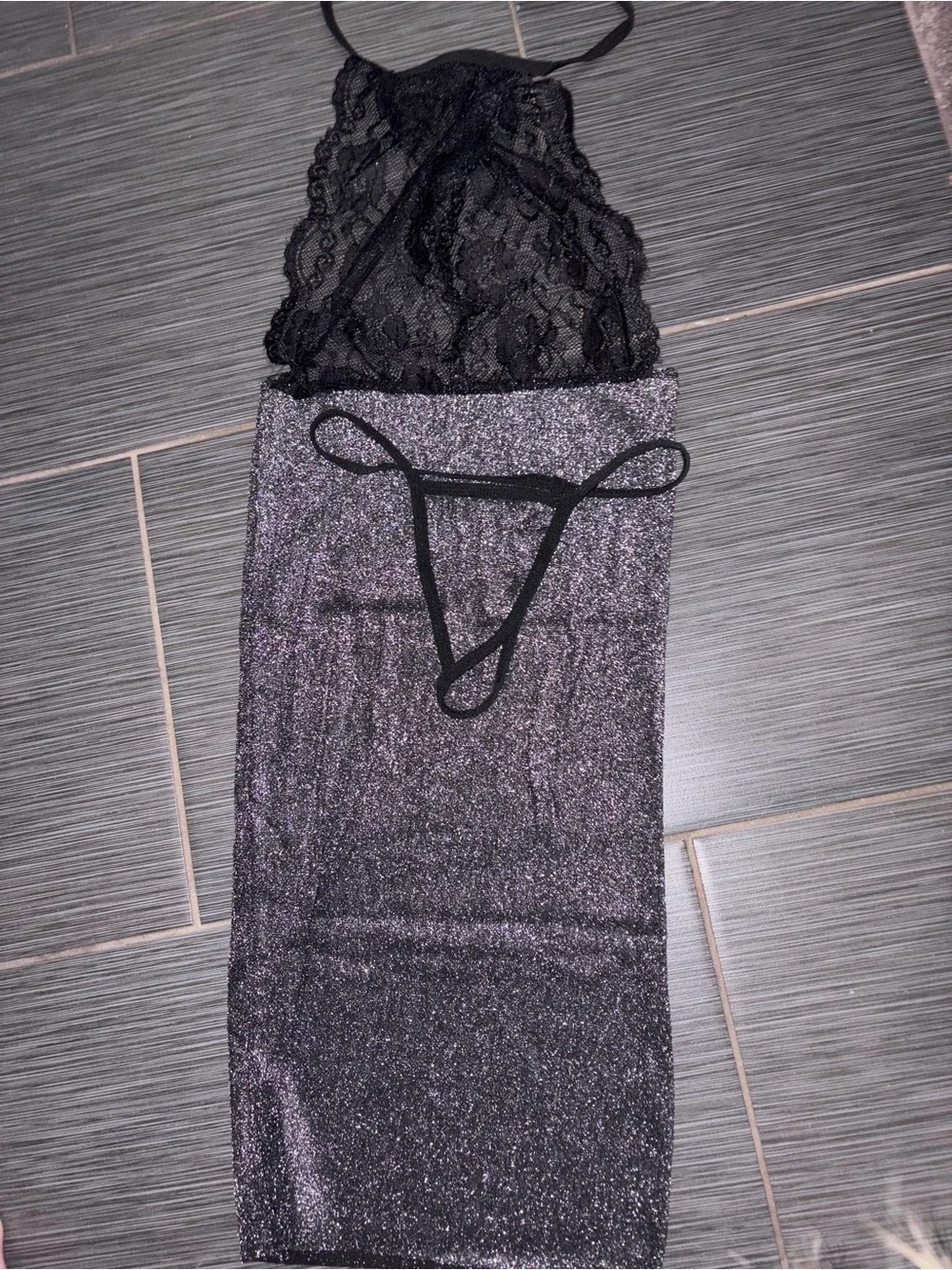 NWT Shimmer Metallic /Lace Sexy Halter Mini Dress & Thong Set OS